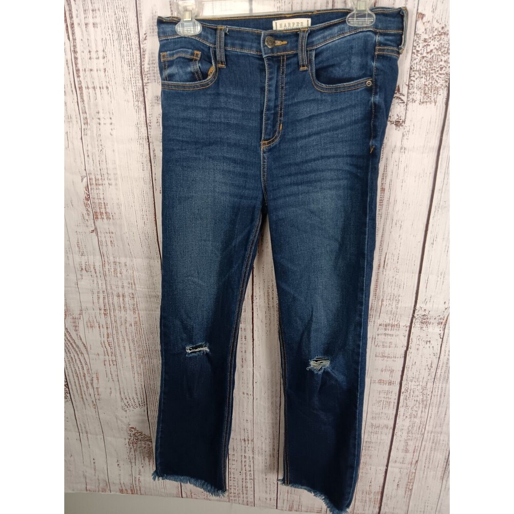 Harper Heritage Straight Destructed High Jeans Women's Size 27 Blue Fringed Hem